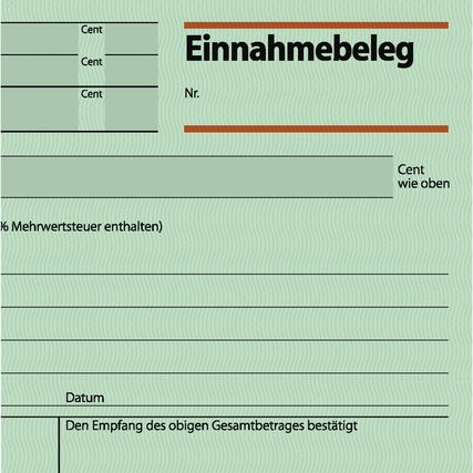 Einnahmebeleg in grünem Design mit Feldern für Betrag und Datum.