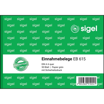Einnahmebelege im DIN A6 Format in grünem Papier, 50 Blatt, quer gebunden.