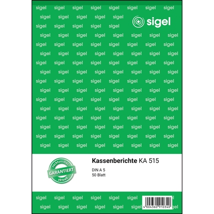 Kassenbericht in A5 mit 50 Blatt, stabil gebunden und grünem Umschlag mit Logo.