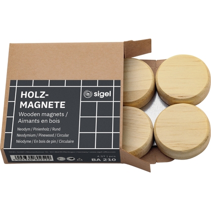 Runde Holzmagnete in einer Verpackung mit vier Stück.