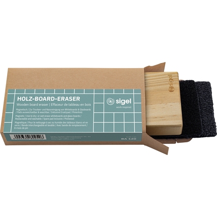 Holz-Board-Eraser in Verpackung mit weißem Reinigungspad und schwarzem Mikrofasertuch.