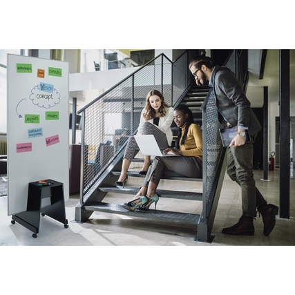Drei Personen arbeiten auf einer Treppe, neben ihnen steht ein Whiteboard mit bunten Haftnotizen.