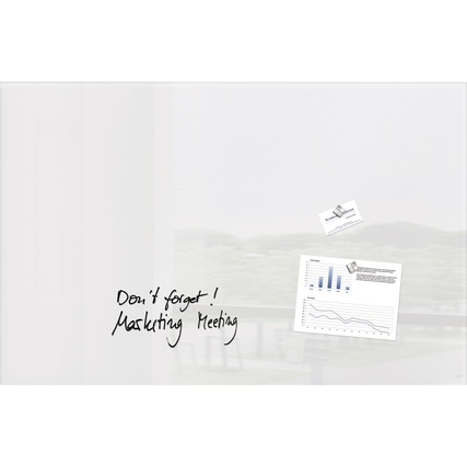 Weißes Glasboard mit handschriftlicher Notiz und angehefteten Dokumenten.