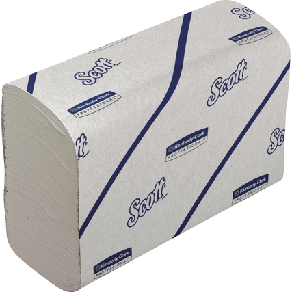 Narrowfold-Papierhandtücher in einem Stapel mit Scott-Logo auf der Verpackung.