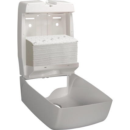 Weißer Dispenser mit Scott Papierhandtüchern im Inneren, geöffnet und bereit zur Nutzung.