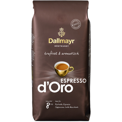Packung Dallmayr Espresso d'Oro mit goldener Tasse, braunem Design und Logo.