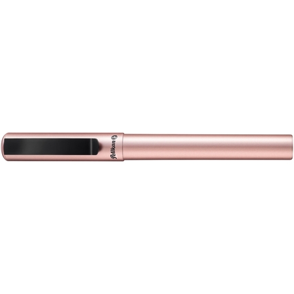 Rose metallic Tintenroller mit schwarzem Clip und ergonomischer Griffzone.