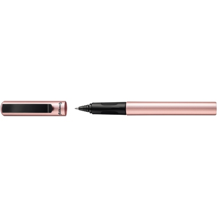 Tintenroller in rose metallic mit abgenommenem Deckel, sichtbar sind die Spitze und der Körper.