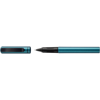 Tintenroller in petrol metallic mit abnehmbarer Kappe und feiner Spitze.