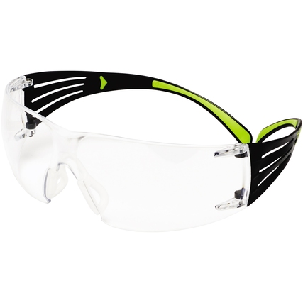 Schutzbrille mit glasklarem Visier und neongrünen, gepolsterten Bügeln.