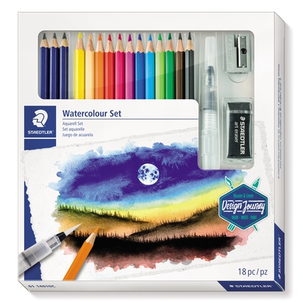 Aquarell-Set mit Bleistiften, Farbstiften und Wasserpinsel in einer Verpackung.