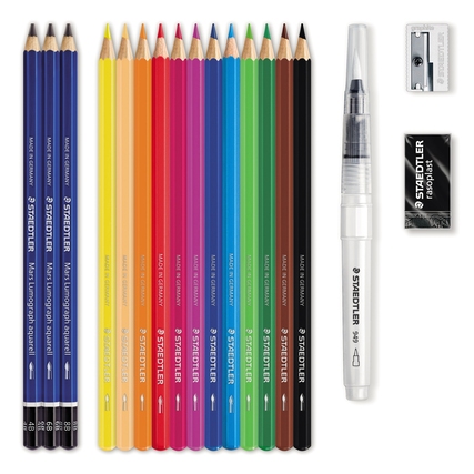 Aquarell-Set mit wasservermalbaren Bleistiften, Farbstiften und Wasserpinsel in einer Anordnung.