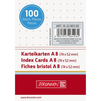 Weiße Karteikarten DIN A8, punktkariert, mit 100 Stück pro Packung, verpackt in einer farbigen Box.