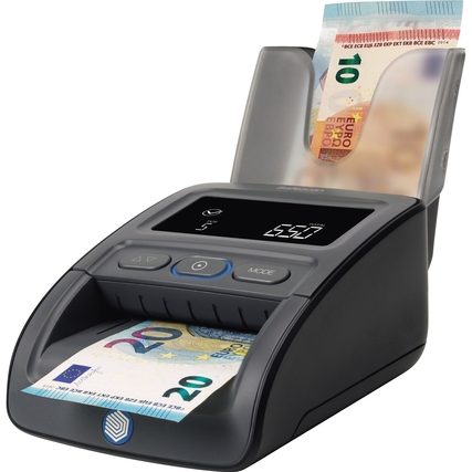 Geldscheinprüfgerät mit Display prüft Banknoten, während ein 10-Euro-Schein eingelegt wird.
