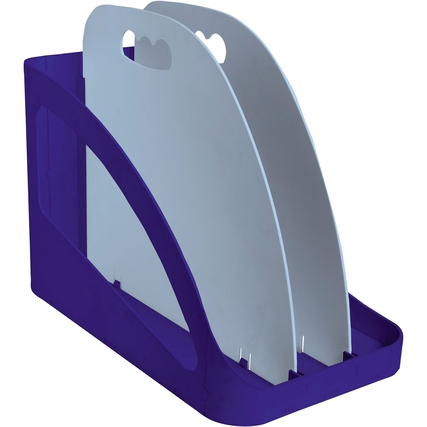 Marineblaue Organisationsbox mit hellblauen Trennwänden und Griffen für Dokumente im A4-Format.