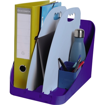 Marineblaue Organisationsbox mit helblauen Trennwänden und diversen Bürogegenständen gefüllt.