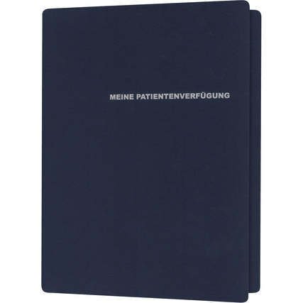 Dunkelblaue Mappe mit dem Aufdruck "MEINE PATIENTENVERFÜGUNG" auf der Vorderseite.