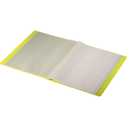 Gelbes Sichtbuch mit 40 Klarsichthüllen, geöffnet und leere Innenseiten sichtbar.