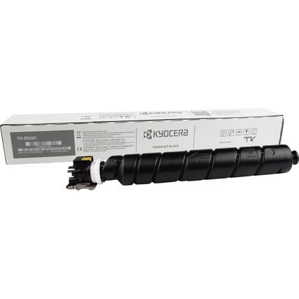 Schwarzer Kyocera Toner TK-8555K in Verpackung, seitlich auf einem weißen Hintergrund abgebildet.