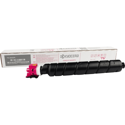 Toner in Magenta, Modell TK-8555M, mit Verpackung im Hintergrund.