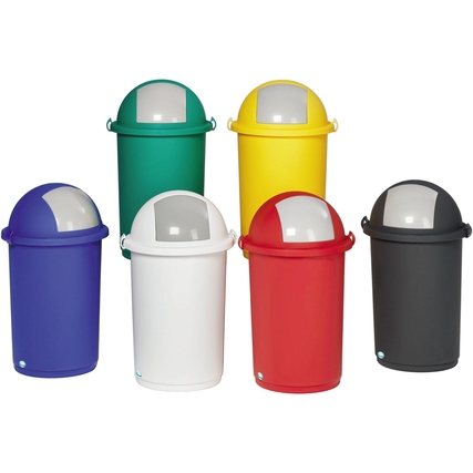 Abfalleimer in verschiedenen Farben, mit abnehmbarem Kopfteil und Einwurfklappe.