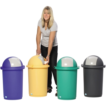 Abfalleimer in verschiedenen Farben mit abnehmbarem Kopfteil und Einwurfklappe.