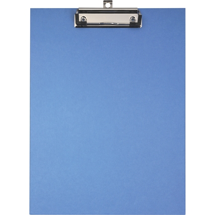 Blaues Klemmbrett mit einer metallischen Klemme oben.