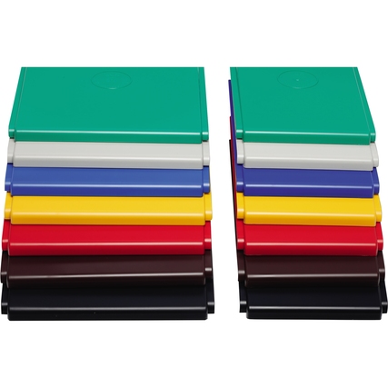 Abfalltonnendeckel in verschiedenen Farben gestapelt, darunter anthrazit, mit flacher Oberfläche.