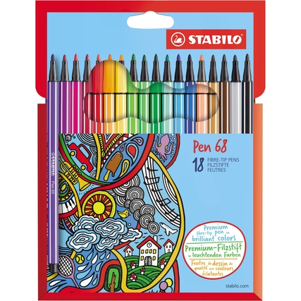 18-farbiges Set von STABILO Fasermalern in einer bunten Verpackung mit kreativen Motiven.