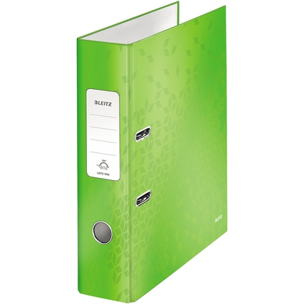 Grüner Leitz Ordner WOW DIN A4 mit strukturiertem Design und seitlichem Beschriftungsfeld.