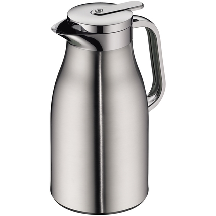 Edelstahl-Isolierkanne mit ergonomischem Griff und komfortablem Ausguss, in seitlicher Ansicht.