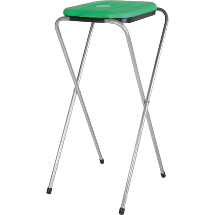 Müllsackständer mit x-förmigen Beinen und grünem Deckel, für verschiedene Verwendungsorte geeignet.