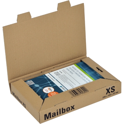Versandbox im geöffneten Zustand mit Inhalt und angrenzendem Klappdeckel.
