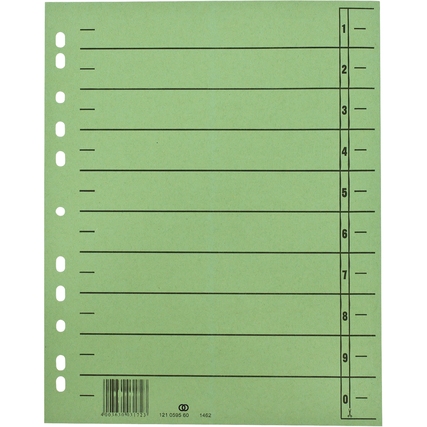 Grünes Trennblatt mit Organisationsdruck und Zahlen, für Ordner, 100 Stück pro Packung.