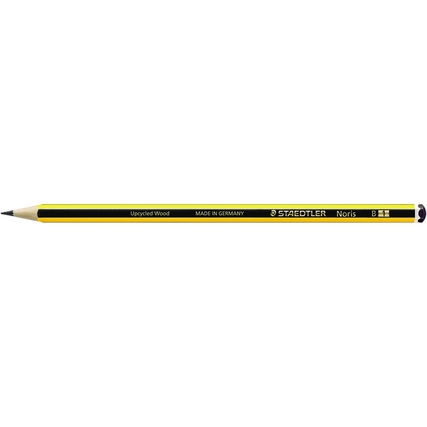Schwarzer Bleistift mit gelb-schwarzem Design und aufgedrucktem Text, seitliche Ansicht.