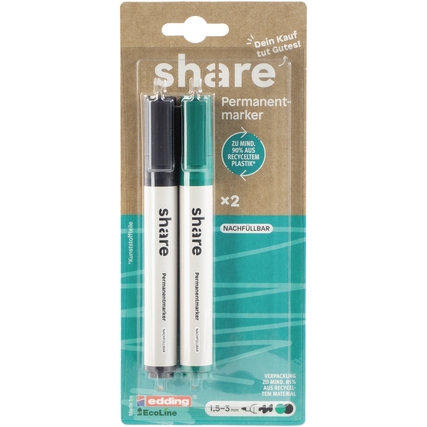 Zwei share Permanentmarker in einer Verpackung, einer schwarz und einer grün.