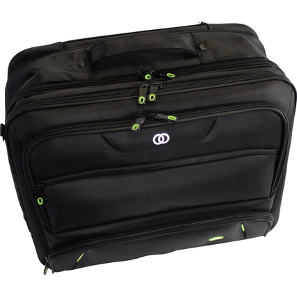 Schwarzer Notebooktrolley mit mehreren Reißverschlusstaschen und Griff.