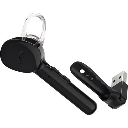 Bluetooth-In-Ear-Headset mit USB-Ladestation in Schwarz, mit Bedientasten und Ohrbügel.