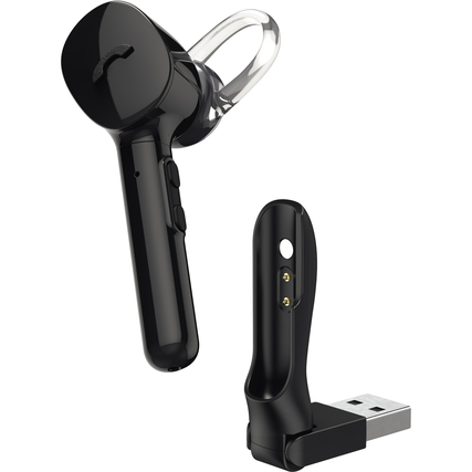Bluetooth-Mono-Headset mit USB-Ladestation und Ohrpolster in verschiedenen Größen.