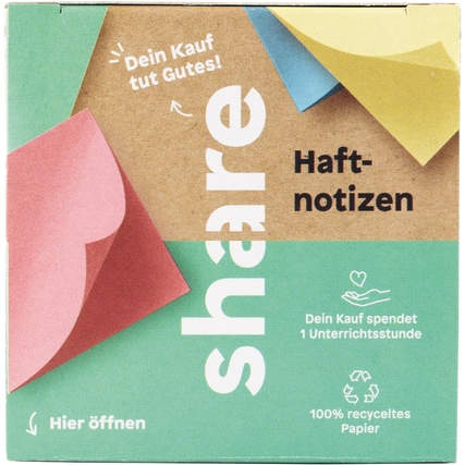 Bunte Haftnotizen in umweltfreundlicher Faltschachtel mit Spendenhinweis für Unterrichtsstunden.