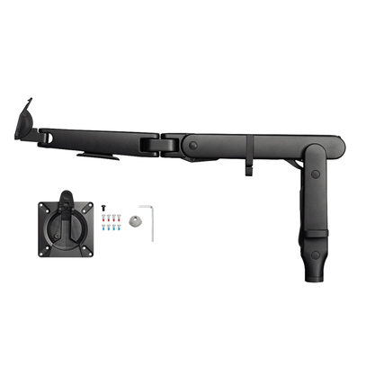 Schwarzer Monitorschwenkarm mit befestigtem Mount und Zubehör für die Wandmontage.