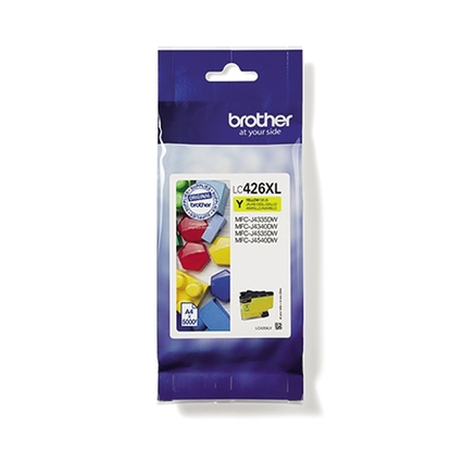 Gelbe Tintenpatrone LC-426XLY in Verpackung mit farbigen geometrischen Formen im Hintergrund.