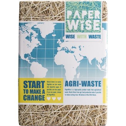 Packung mit PaperWise Kopierpapier in DIN A4, umgeben von grafischen Elementen und Text.