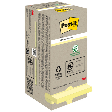 Gelber Post-it Haftnotizen Recycling Tower in rechteckiger Verpackung aus recyceltem Material.