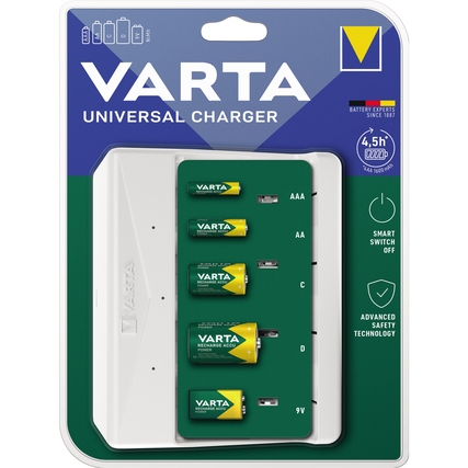 Akkuladegerät mit Platz für mehrere Batterien und grünen Ladeanzeigen auf Verpackung.