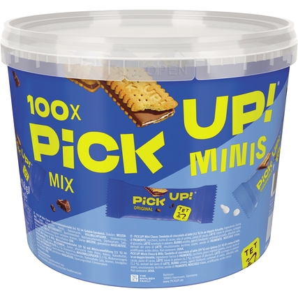 Eimer mit 100 Mini-Schokoriegeln der Marke PiCK UP! in verschiedenen Geschmacksrichtungen.