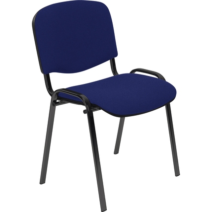 Schwarzer Besucherstuhl mit blauem Polster und Armlehnen.