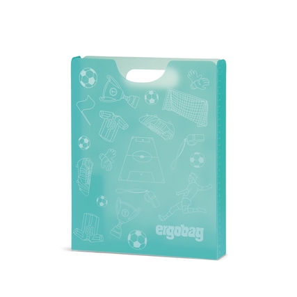 Heftebox mit Fußball-Motiven in mintgrünem Design und Tragegriff.