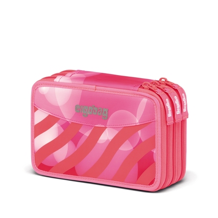 Pinkes Federmäppchen mit transparenten Blasen-Muster und mehreren Reißverschlüssen.