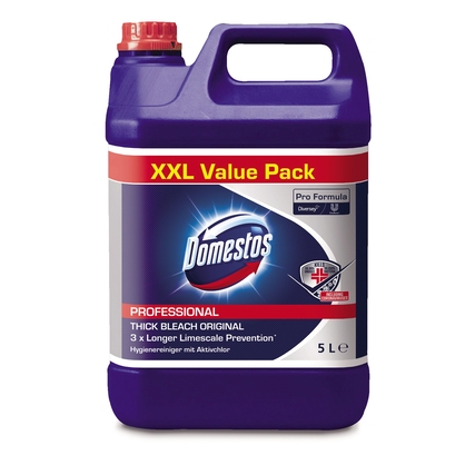 Lila Kunststoffkanister mit Domestos Professional Hygienereiniger-Gel in 5 Litern.